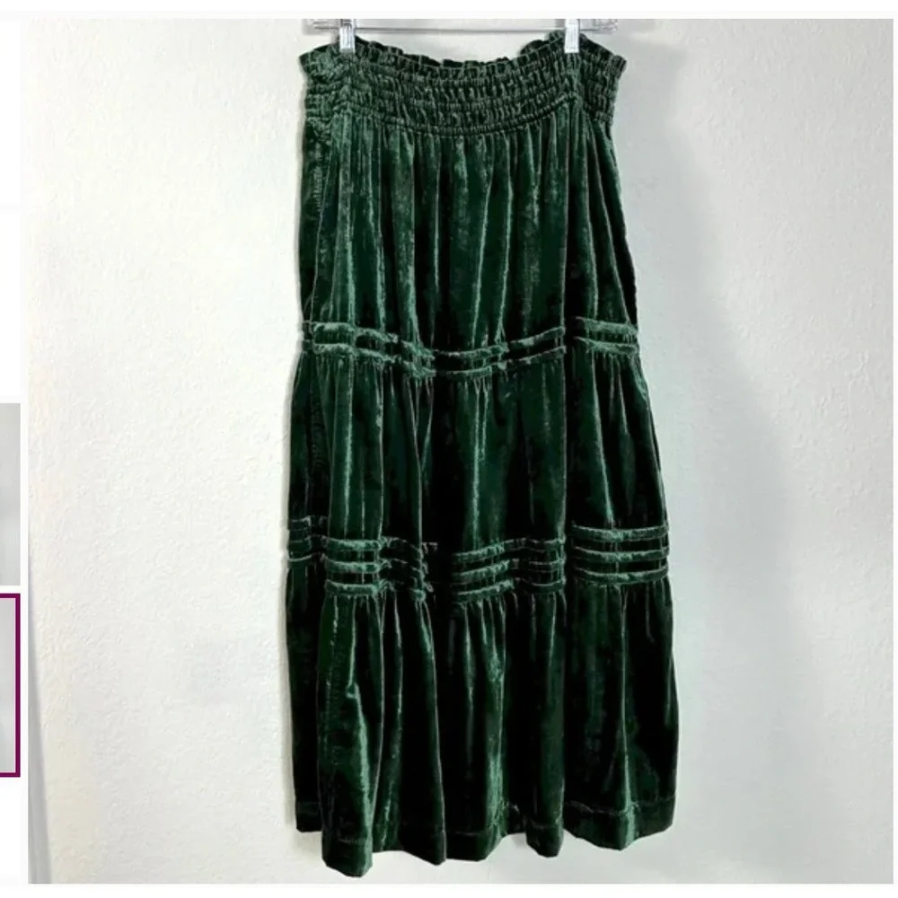 Anthropologie Velvet Tiered Skirt SMALLGreen Whimsigoth Holiday Boho Pockets - Picture 6 of 8